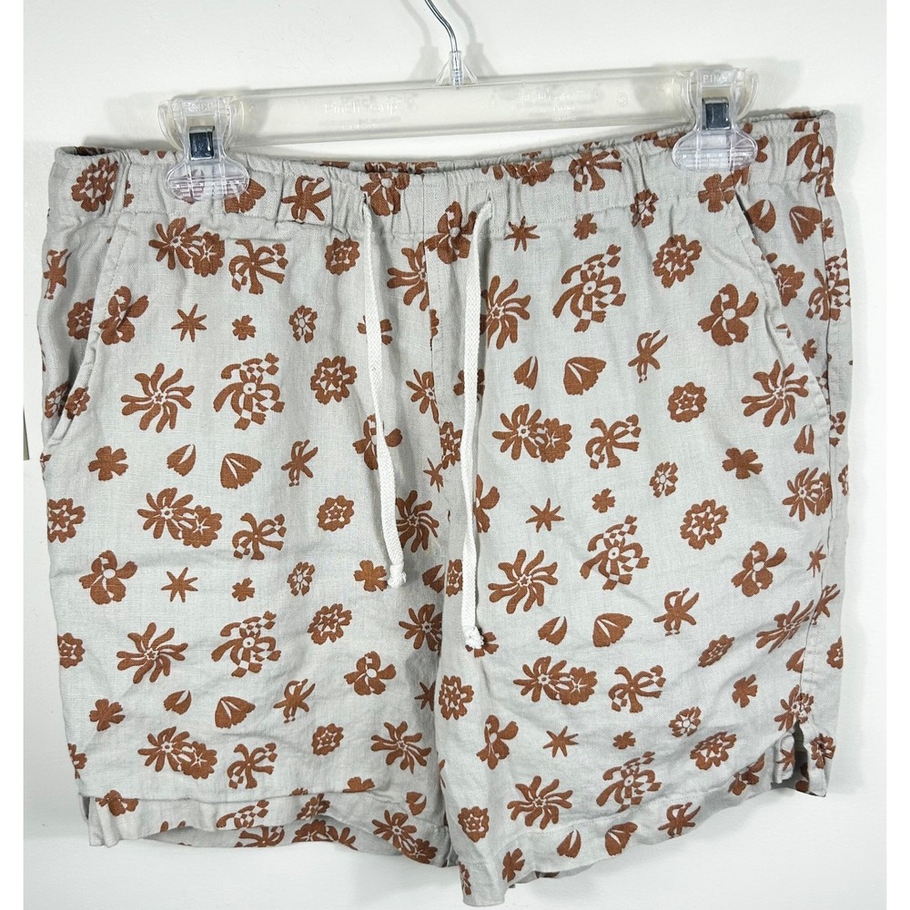Alex Crane Bo Shorts Mens M Cream Rust Floral Pattern 100% European Linen Earthy